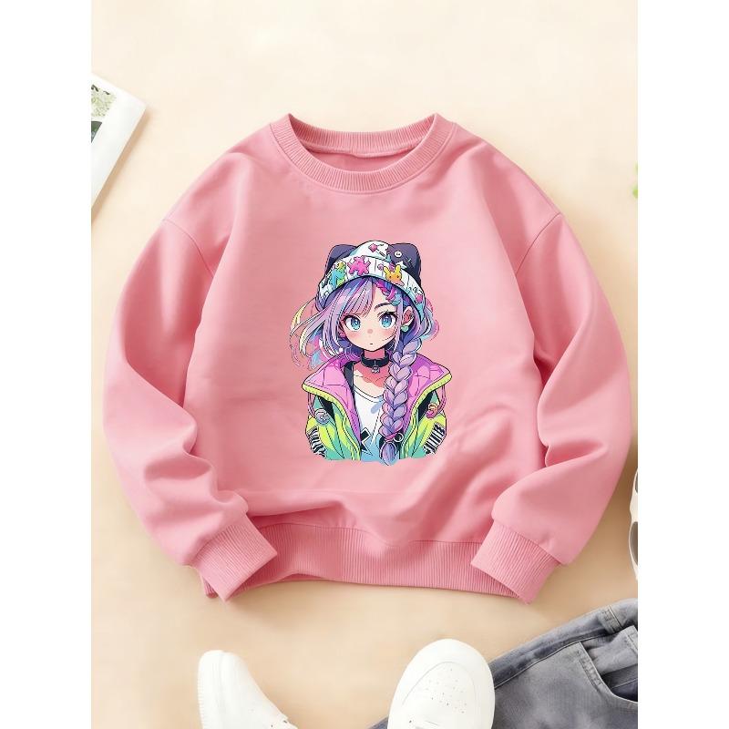 Kids Crewneck Long Sleeve Sweatshirt, Sweet Cool Twin Tails Purple Hair Girl Graphic Print, Soft Stylish Top