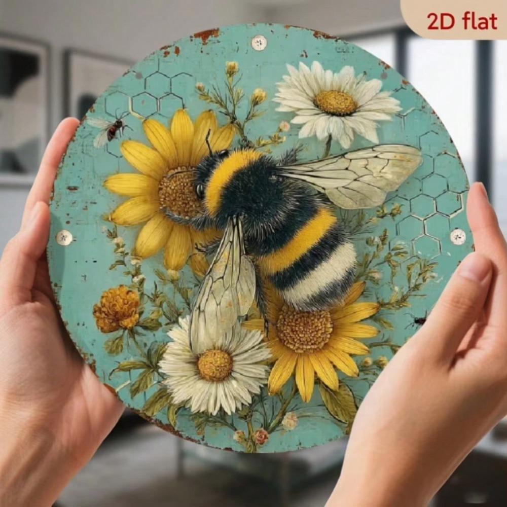 Vintage Metal Wall Art Bee Flowers Waterproof Decor for Restaurant Bar Home