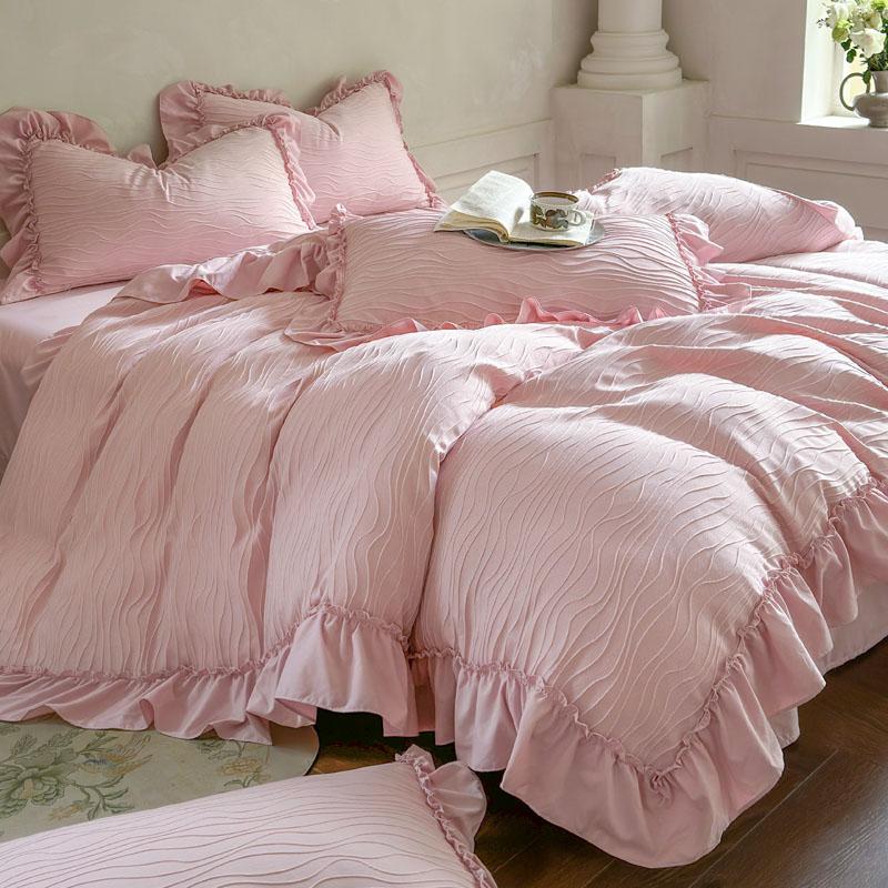 French Princess Style Lace Ruffles Wedding Bedding Set Washed Cotton Soft Duvet Cover Bed Sheet/Fitted Sheet Pillowcases 4Pcs
