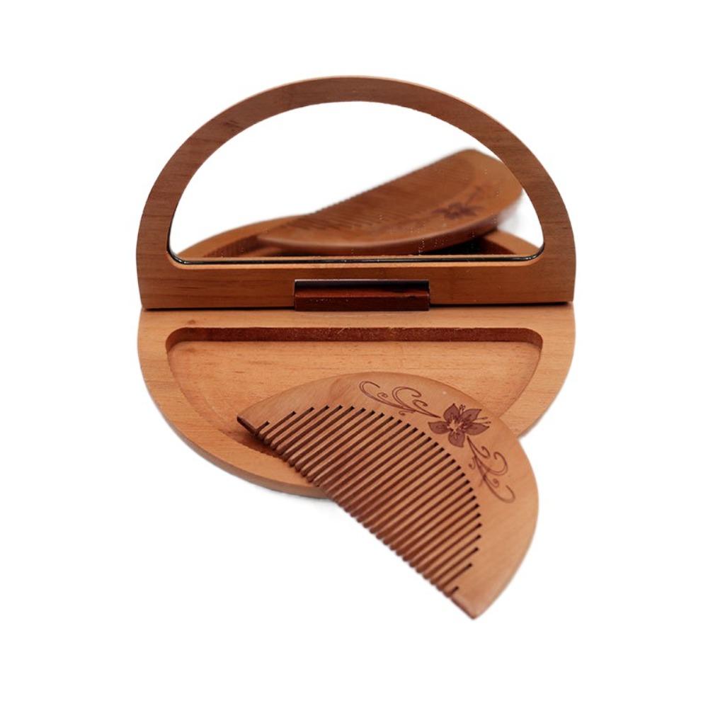 Durable 2 In 1 Wooden Comb LookingGlass Set Small Vintage Beautyproducts Mirror Peachwood Rectangle Portable Folding Mirror Girl Lady