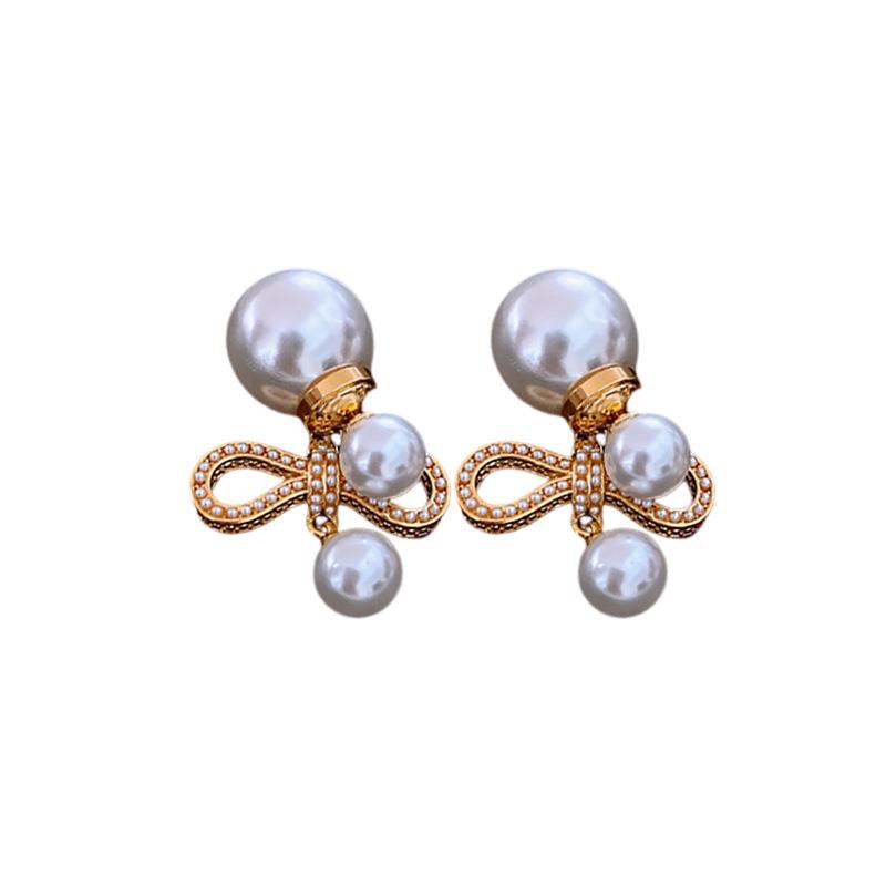 Gold-Plated Silver Bow Pearl Earrings: Retro, Elegant, and Luxurious Studs