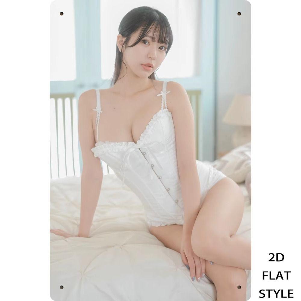 Metal Poster Girl At White Curtain Bathroom Delicate Style Tin Sign Home Decor Wall Art 20x30 Cm