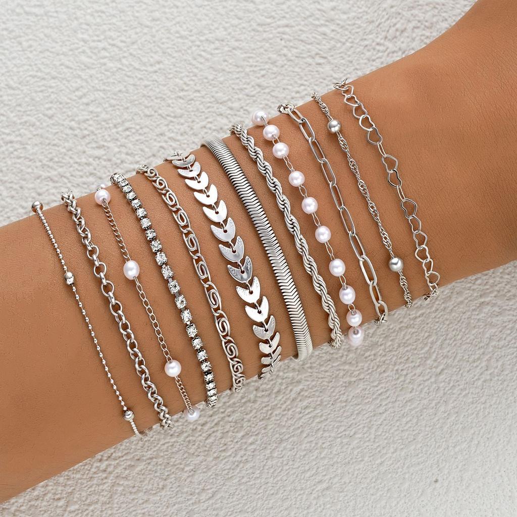 12 Pcs Vintage Statement Gold Color Flat Snake Chain Box Chain Bracelet Boho Multi-layer Metal Bracelet Women's Summer