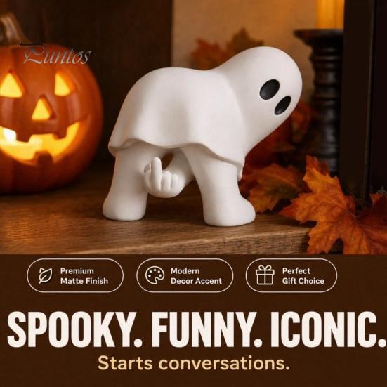 Funny Gesture Ghost Decor Halloween Figurine with Middle Finger, Cute Statue, Matte White Sculptures Spooky Resin Humor Desk for Party Home