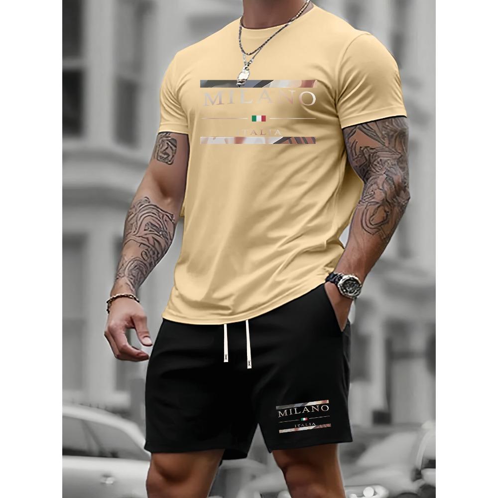 Men's Summer T-Shirt Set with Milan Print, Men's Fashion Casual Short Sleeve Trendy Sportswear Outfit New Men's Oversized 2026