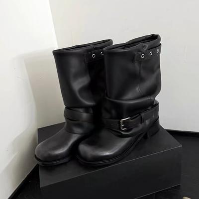 Neue coole Stiefel mit grobem Absatz, Gürtelschnalle, Hose, Damen, runde Spitze, kurze Westernstiefel, schmal, weite Öffnung, Martinstiefel