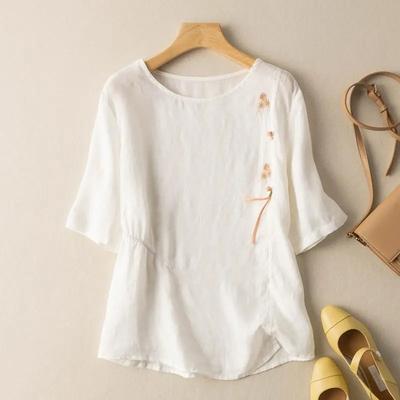 Camiseta de Manga Corta con Botones de Placa Literaria para Mujer de Primavera y Verano, Camiseta Holgada Vintage Bordada