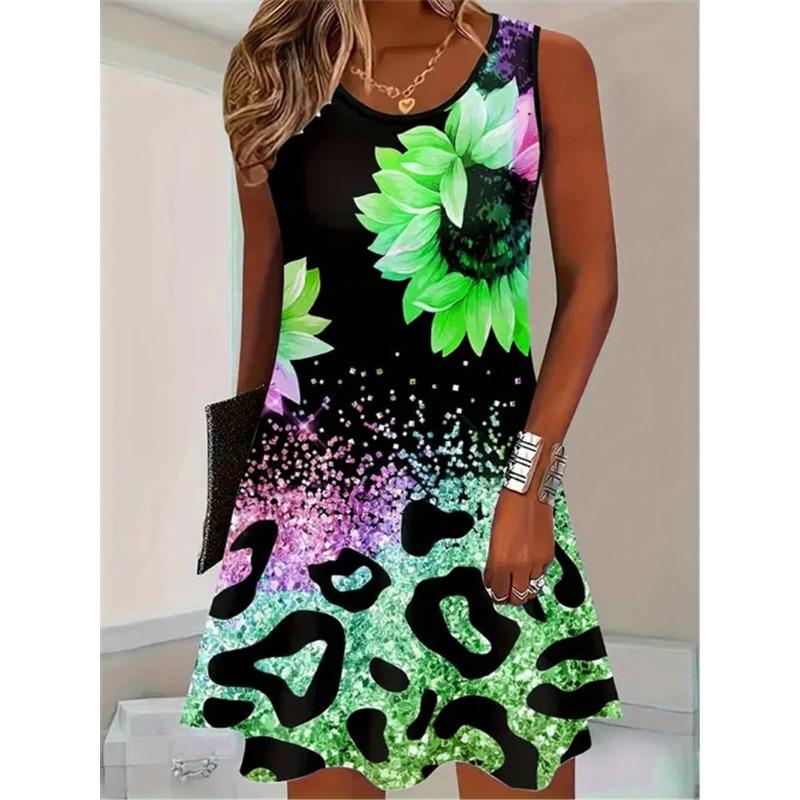 

Fashion Floral Printed Pattern Women Mini Dresses Summer Sleeveless Printed Beach Casual Ladies Dress Ladies Clothes S