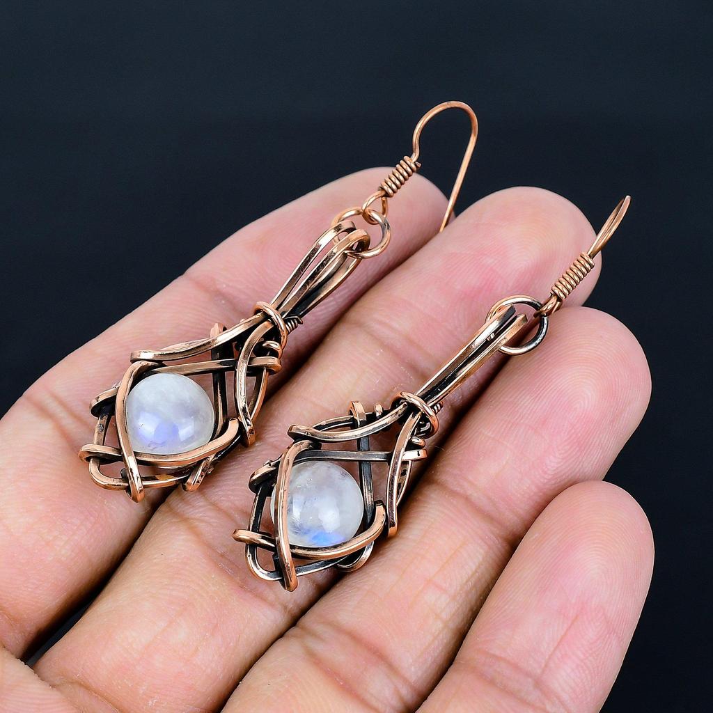 Rainbow Moonstone Earrings Gemstone Jewelry, 999 Copper Wire Wrapped Earrings, Handmade Beautiful Jewelry Earrings