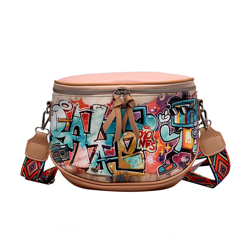 Fashion Hiphop Cartoon Street Style Graffiti PU Leather Messenger Bag Female Travel Women Shoulder Bags Crossbody Bag Ladies Handbag