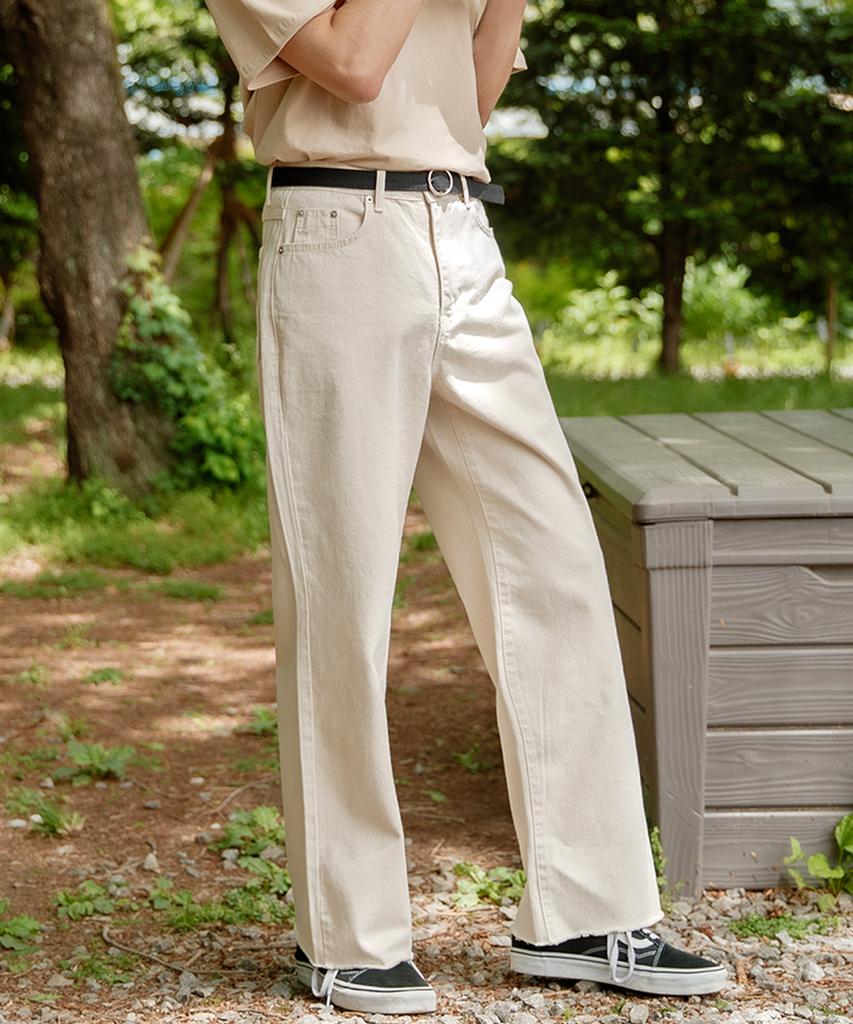 Jikeulib Beige Wide Cotton Pants With Cut Hem