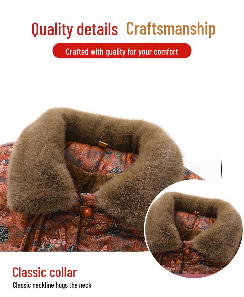 Winter Plus Velvet Coat for Middle-Aged and Elderly Women, Elegant Chinese Style Mother's Clothing, Warm Thick Cotton Jacket.