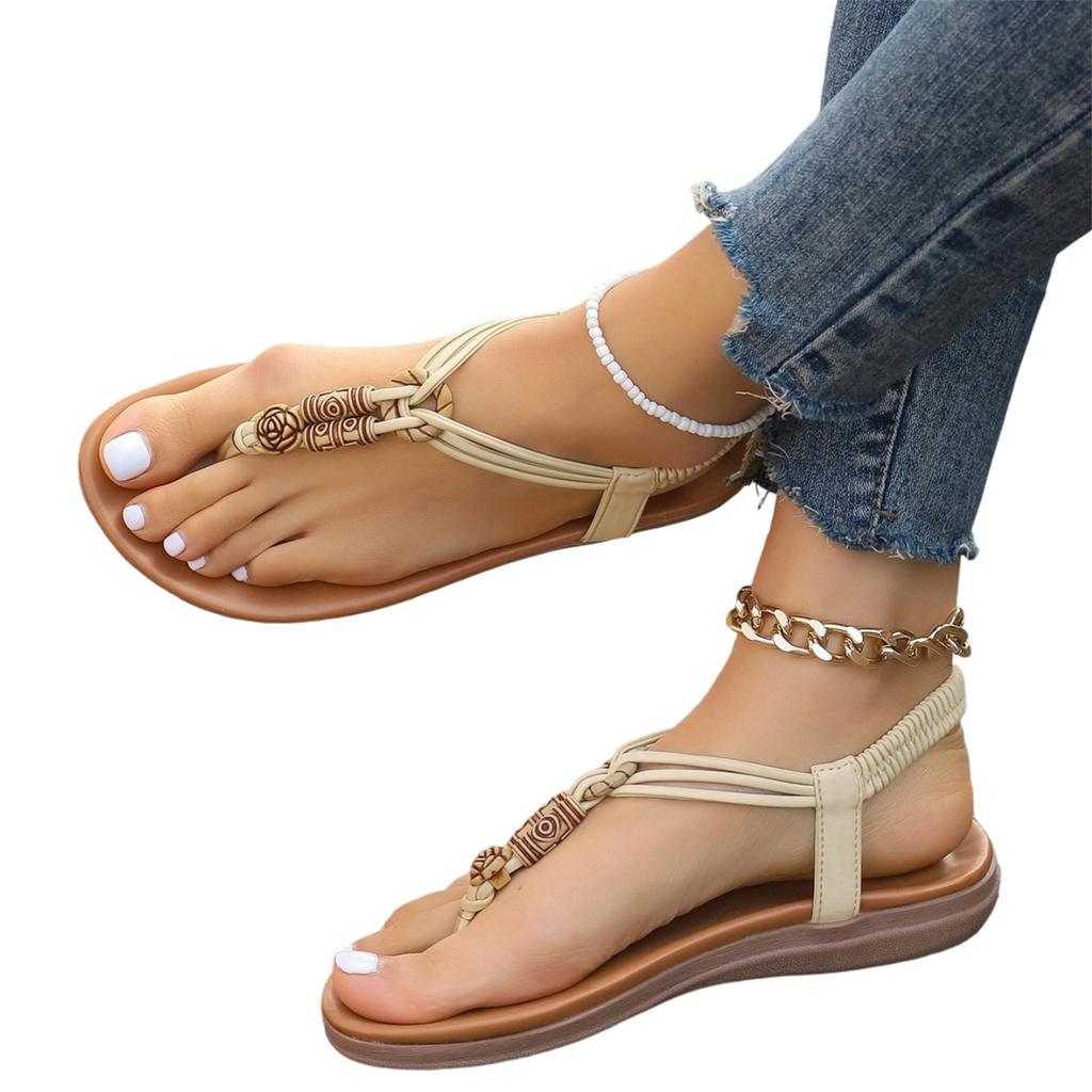 Sandali da Donna alla Moda Retro con Perline e Infradito Punta Tonda Piatto Casual Slip-On Calzature Estive con Elastico sul Retro