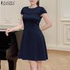 ZANZEA Damen Lässiges Sommerkleid mit Rundhalsausschnitt und kurzen Ärmeln