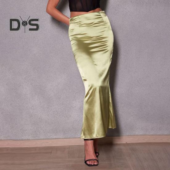 Women Fishtail Skirt with Large Hem High Waist Hip Wrapped Imitation Silk Maxi Skirt Solid Color Slimming Satin Skirt