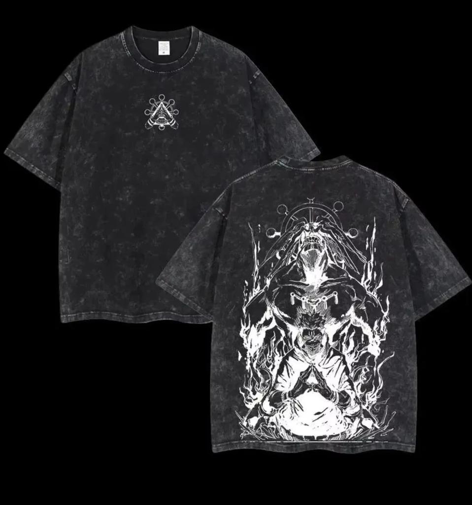 Oversized Acid-Wash Short-Sleeve T-Shirt Featuring Jujutsu Kaisen Ryomen Sukuna Graphic Print, With Bold Anime Art & Japanese Sound Effects