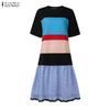 ZANZEA Women Casual Round Neck Summer Patchwork Short Sleeve Dress