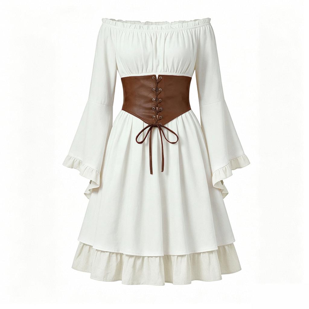 Womens Medieval Renaissance Dress Off Shoulder Gothic Style Corset Waist Vintage Long Sleeve Flared Skirt Costume for Halloween or Themed Events