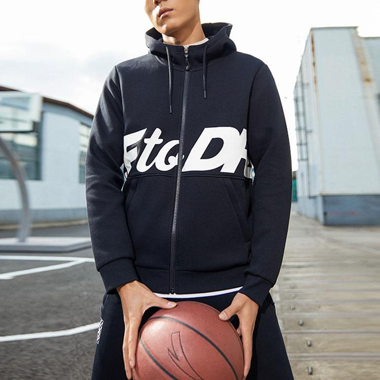 Anta Basketball Series Letter Print Knit Hooded Jacket Men Outerwear Black 152211708-2