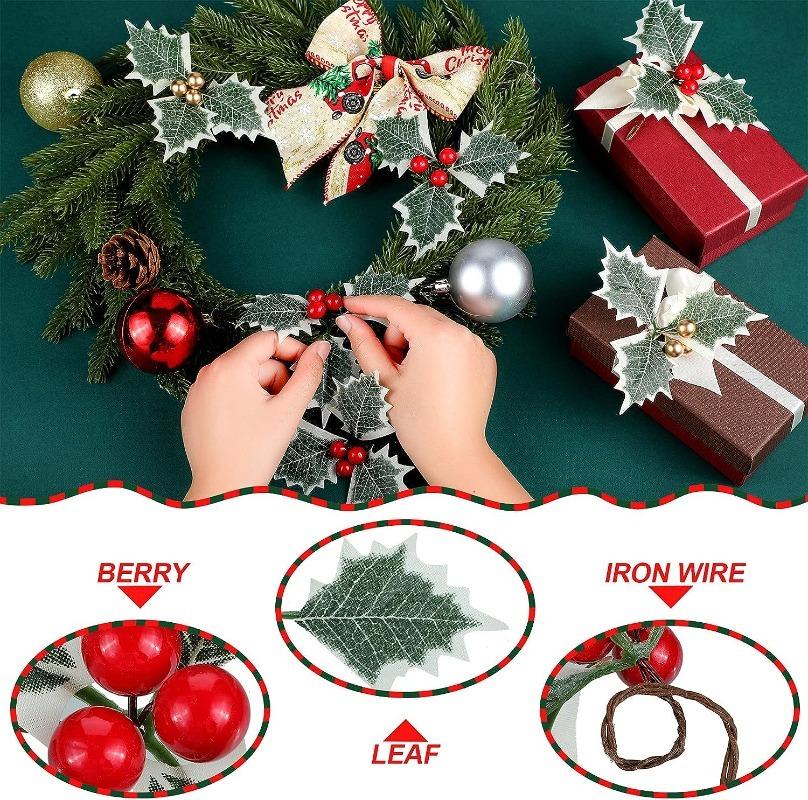 Künstliche Stechpalmenbeeren mit Blättern DIY-Kranz Kunstpflanze Grünes Blatt Hochzeit Weihnachtsfeier Dekoration Geschenkverpackung Schmuck