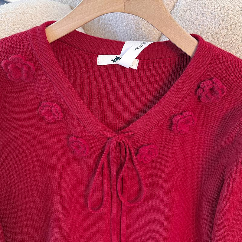 Plus-size Women's Autumn-winter New Year's Day Christmas Three-dimensional Flower Knitted Base Layer Sweater