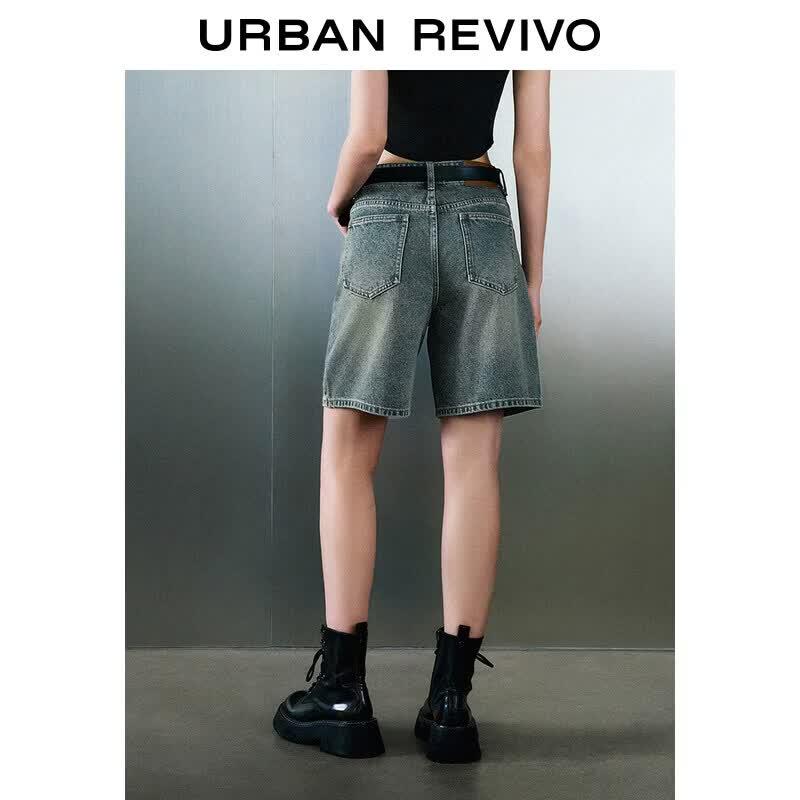 UR Women's Retro Washed Belted Denim Shorts