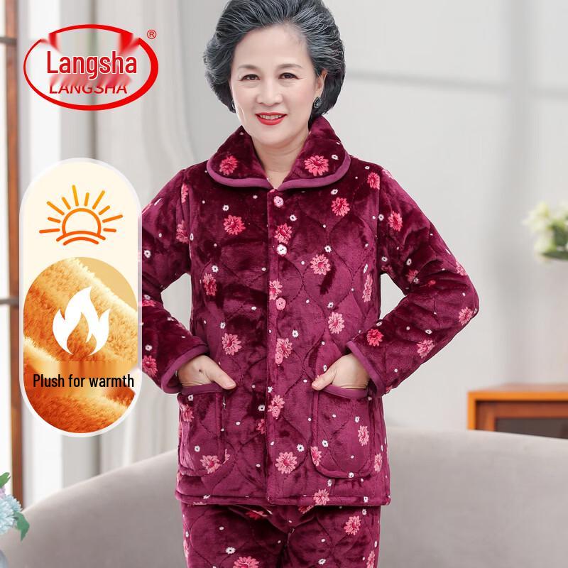 LangSha Women s Flannel & Coral Fleece Warm Pajama Set 2XL