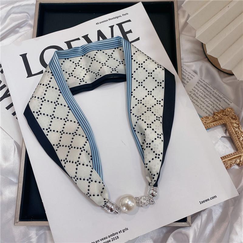 Luxury Design Magnetic Button Summer Silk Scarf Women Magnetic Pearl Necklace Scarves High End Matching Shirt Scarf Lady