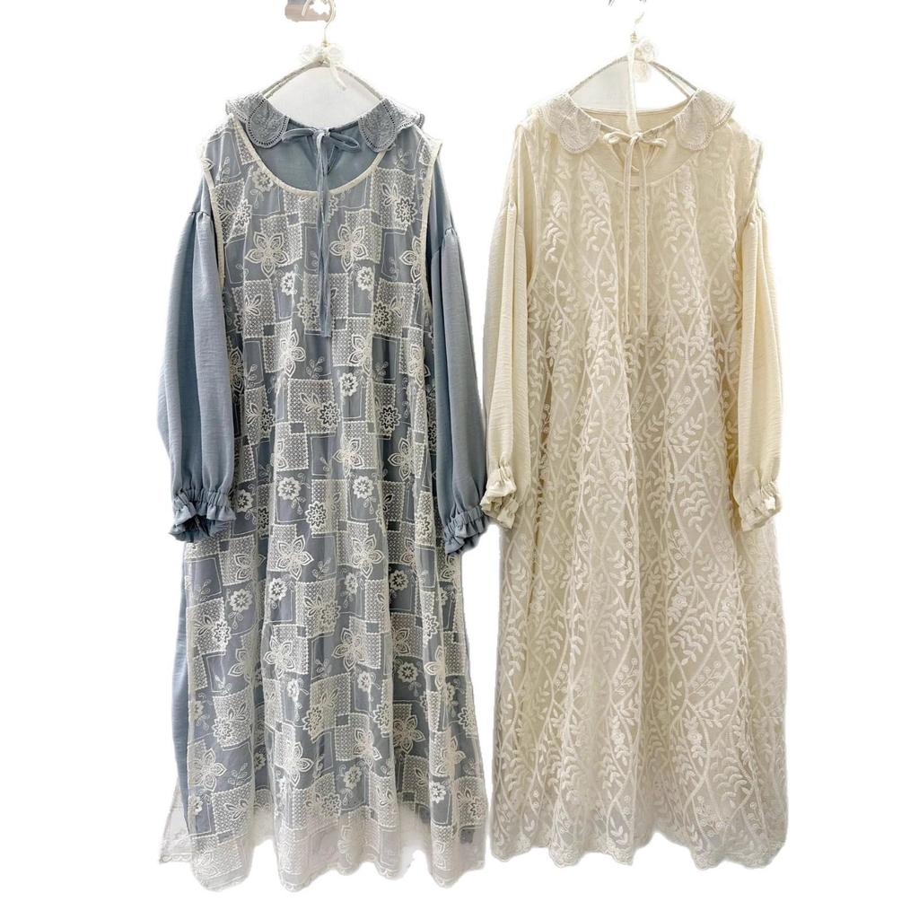 Mori Girl Embroidered Lace-Up Mesh Vest Dress