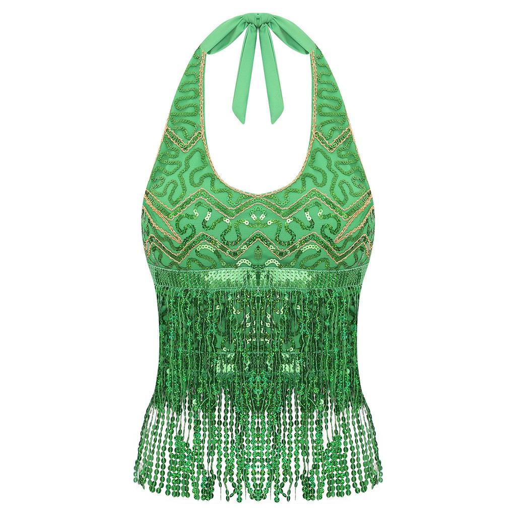 Essential Training Top for Belly Dancers: Supportive Halter Crop Top with Sequins, Lace-up Back & Tassel Details