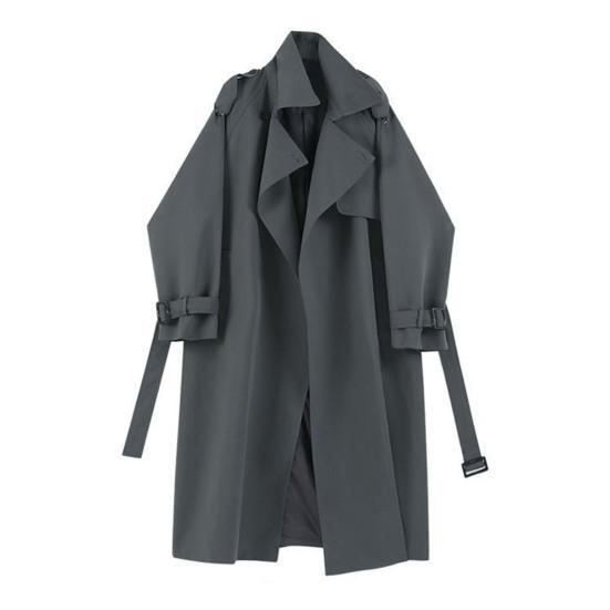 Women Windbreaker Turn-down Collar Loose Pure Color Coat Long Sleeves Belt