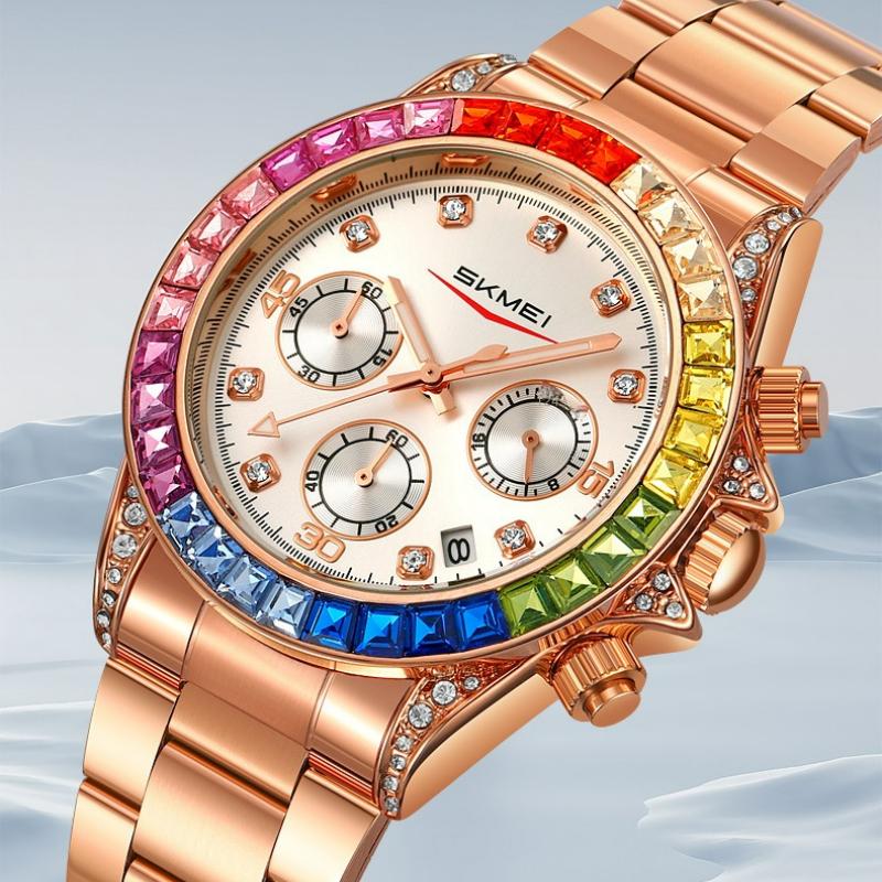 Skmei Fashion Womens Sports Watches Stainless Steel Day Date Watch Ladies Luxury Colored Diamonds Calendar Quartz Wristwatch