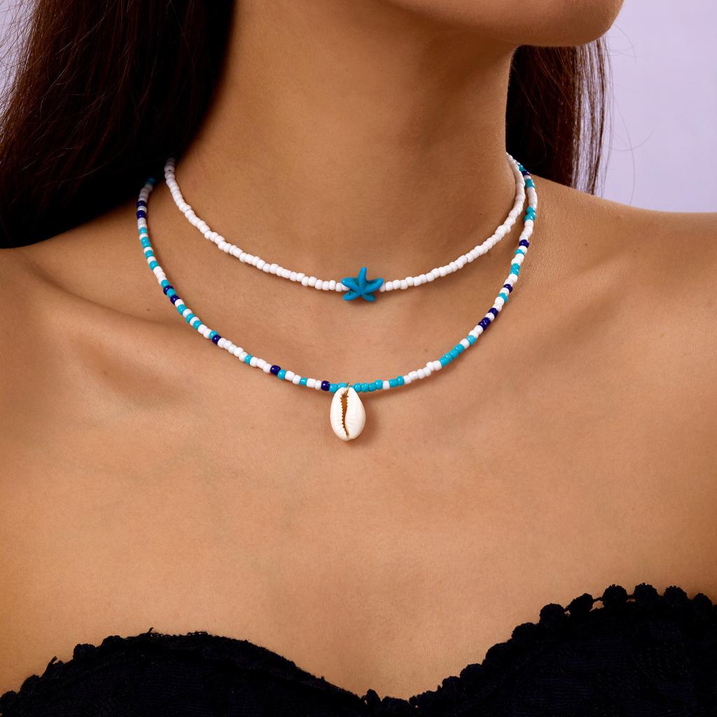Bohemian Shells Turquoise Collares Necklace Summer Natural Starfish Hand-woven Beach Vacation Adjustable Necklaces Choker
