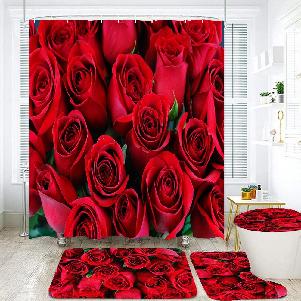 Tulip Flowers Bathroom Curtains Floral Fabric Shower Curtain Set Bath Mats Rugs Toilet Lid Cover Anti-Skid Carpet Home Decor