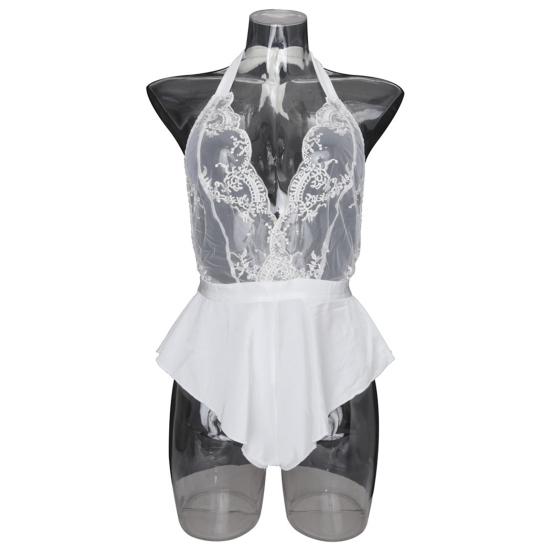 Women Nightdress Halter Neck See-through Lace Off Shoulder Open Crotch Bodysuit Sleeveless