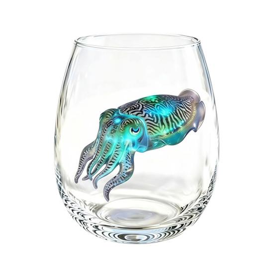 Clear Glass Cups for Party Stemless Wine Glasses with Marine Animal Pattern, 420ml Capacity, High Borosilicate Creative Gift Friends Cup, Round