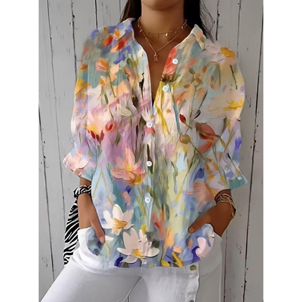 Women's Shirt Ruched Floral Graphic Elegant Vacation Stylish 3/4 Length Sleeve Shirt Collar Crop Tops Casual