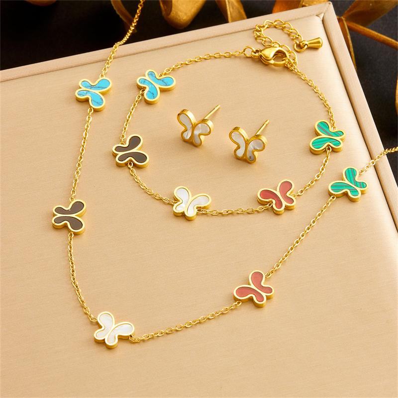 DIEYURO 316L Stainless Steel Colorful Shells Patterned Butterfly Necklace Earrings Bracelet Suit Girl New Trend Jewelry Gift Set