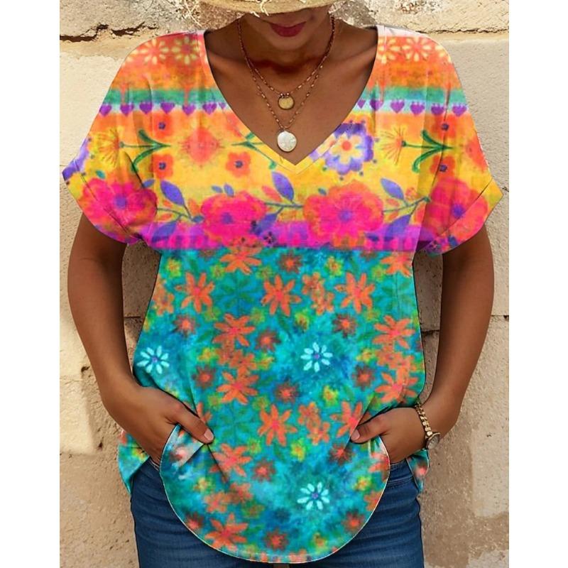 Colorful Floral Pattern Women's T-shirt Summer Outdoor Casual V-neck Short-sleeved Top OverSize Women's Clothing