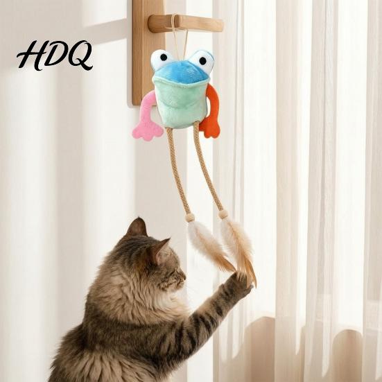 Durable Woven Rope Cat Toy Plush Frog Toy Interactive Kitten with Bell And Feathers Bite Resistant Pet Toys Long Leg Frog Chew for Indoor