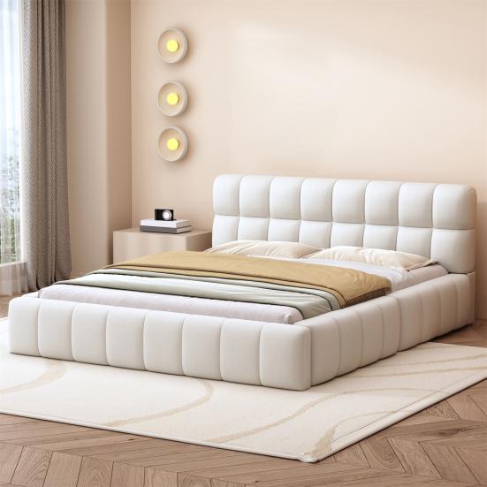 Upholstered Bed 140 x 200cm, Youth Bed, Double Bed with Soft Backrest, Flat Bed with Upholstered Frame, Slatted Frame Linen Beige (Mattress Not