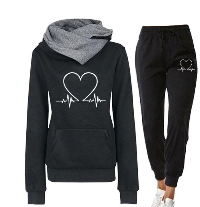 Women's Heartbeat Print Hoodie & Sweatshirt Set - Casual Sportswear for Spring & Autumn