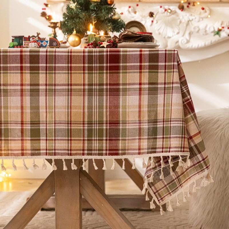 Retro Plaid Tablecloth With Tassel Trim Thick Stain Resistant Cotton Linen Dining Table Living Room Decor