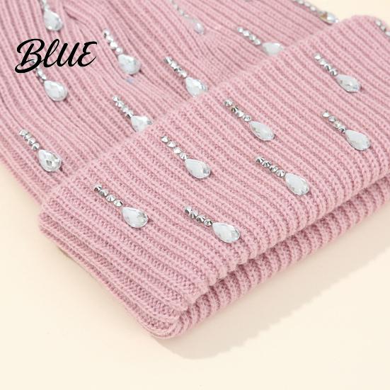 Holiday Gift for Women Waterdrop Rhinestone Knit Hat, Bling Stretchy Winter Cuffed Knitted Stylish Hat Skull Cap Men Cold Weather Daily Wear