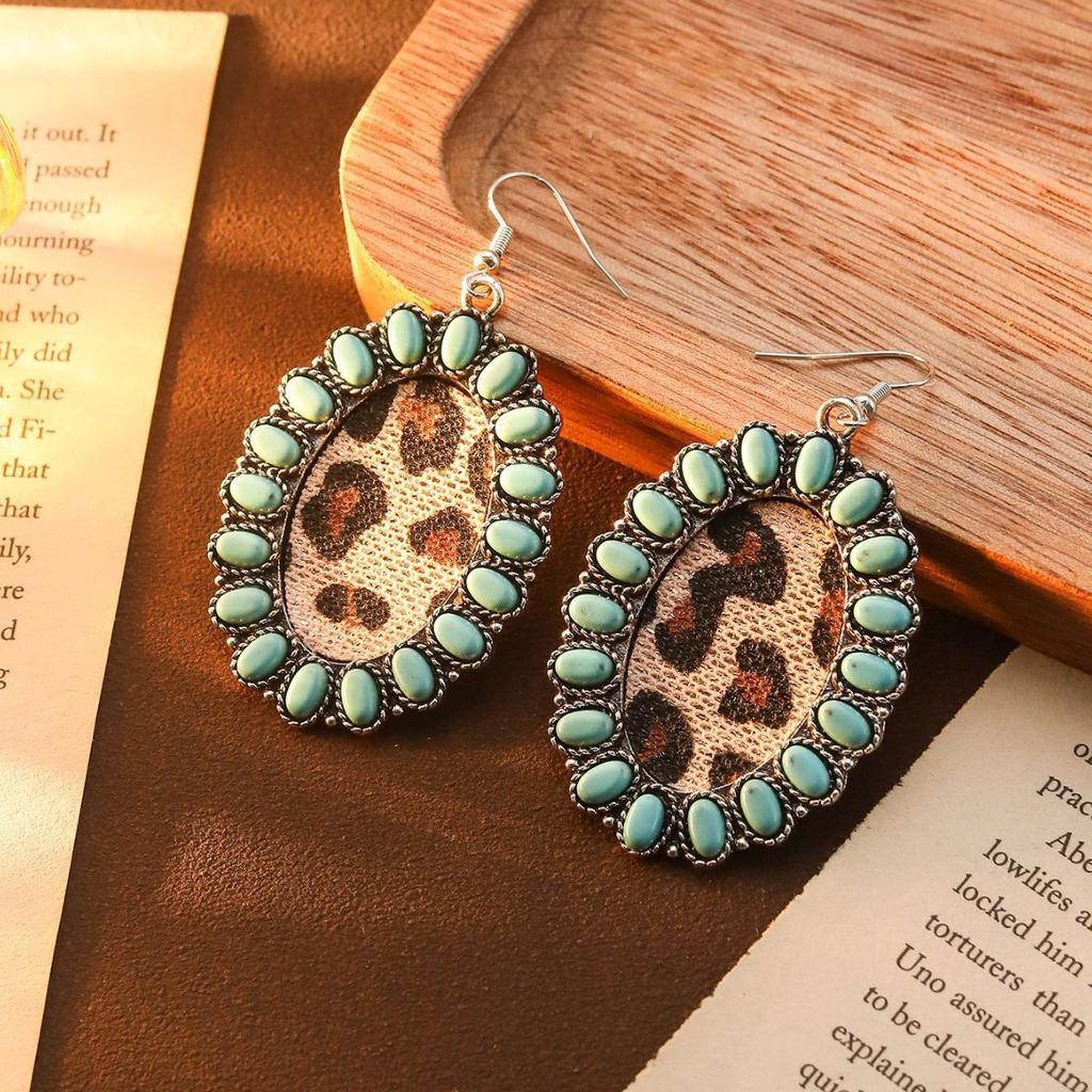 Fashion Retro Bohemian Turquoise Leopard Print Pendant Earrings Ethnic Style Long Earrings