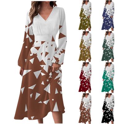 Damen Herbst- und Winter Freizeitmode V-Ausschnitt Langarm Geometrie-Druck Langes Kleid