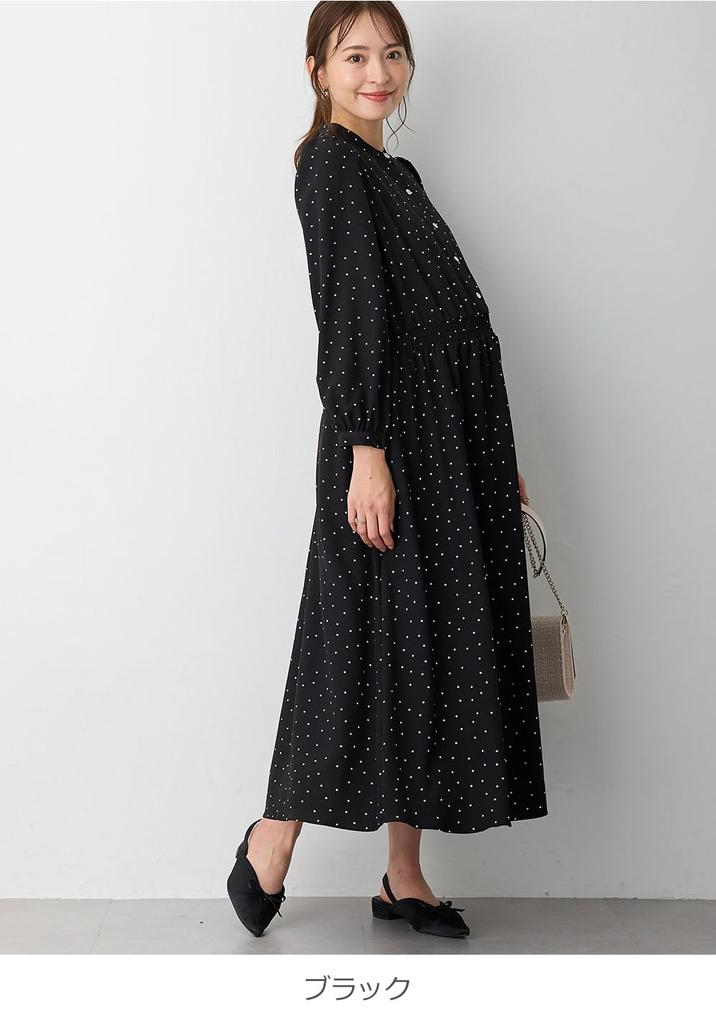 Maternity Band Waist Dot Long Open Polka Black 10492250 [ANGELIEBE] Dress, Collar, Shirring, Dress, Prenatal, Postnatal, Sleeve, Front, Nursing,