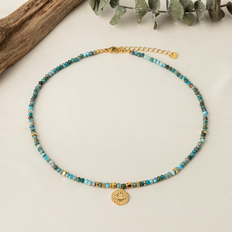 European and American retro natural blue apatite handmade beaded titanium steel necklace pendant natural turquoise collarbone chain