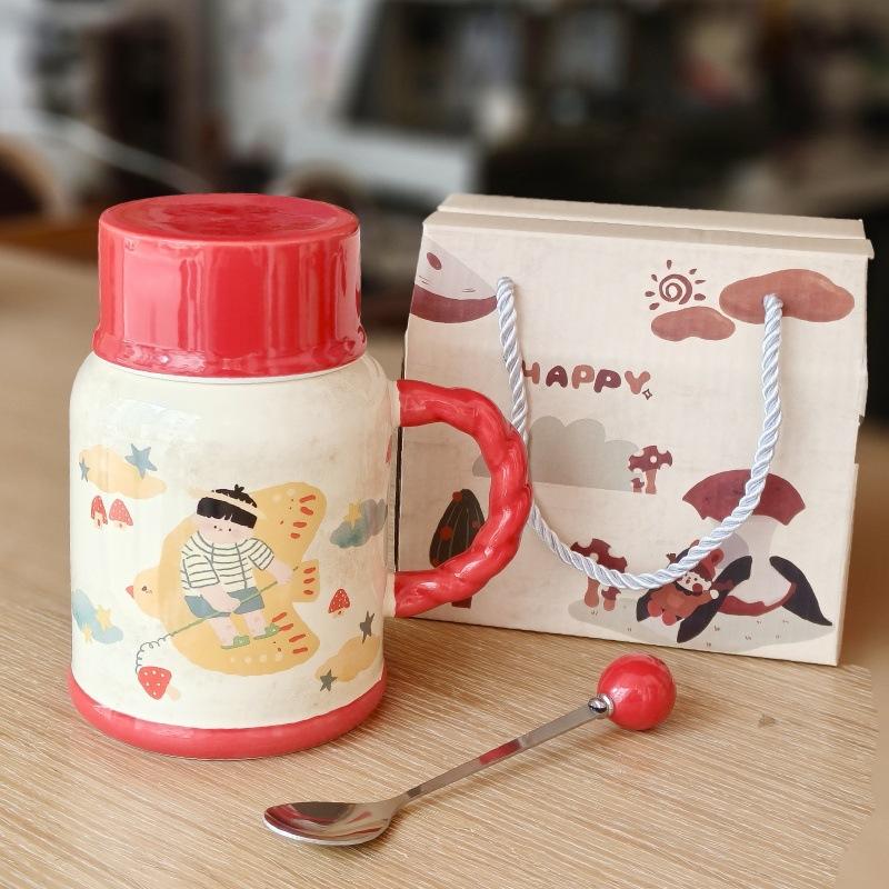 Cute high-value milk fufu kettle girls large-capacity ceramic mug with lid spoon birthday gift souvenir