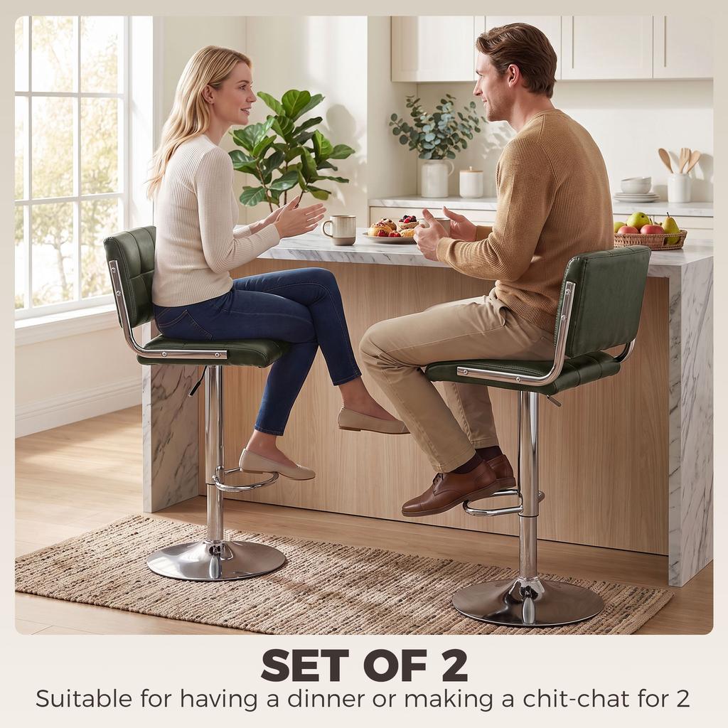 Bar Stools Modern PU Leather Adjustable Breakfast Bar Stools Backrest Set of 2 Green